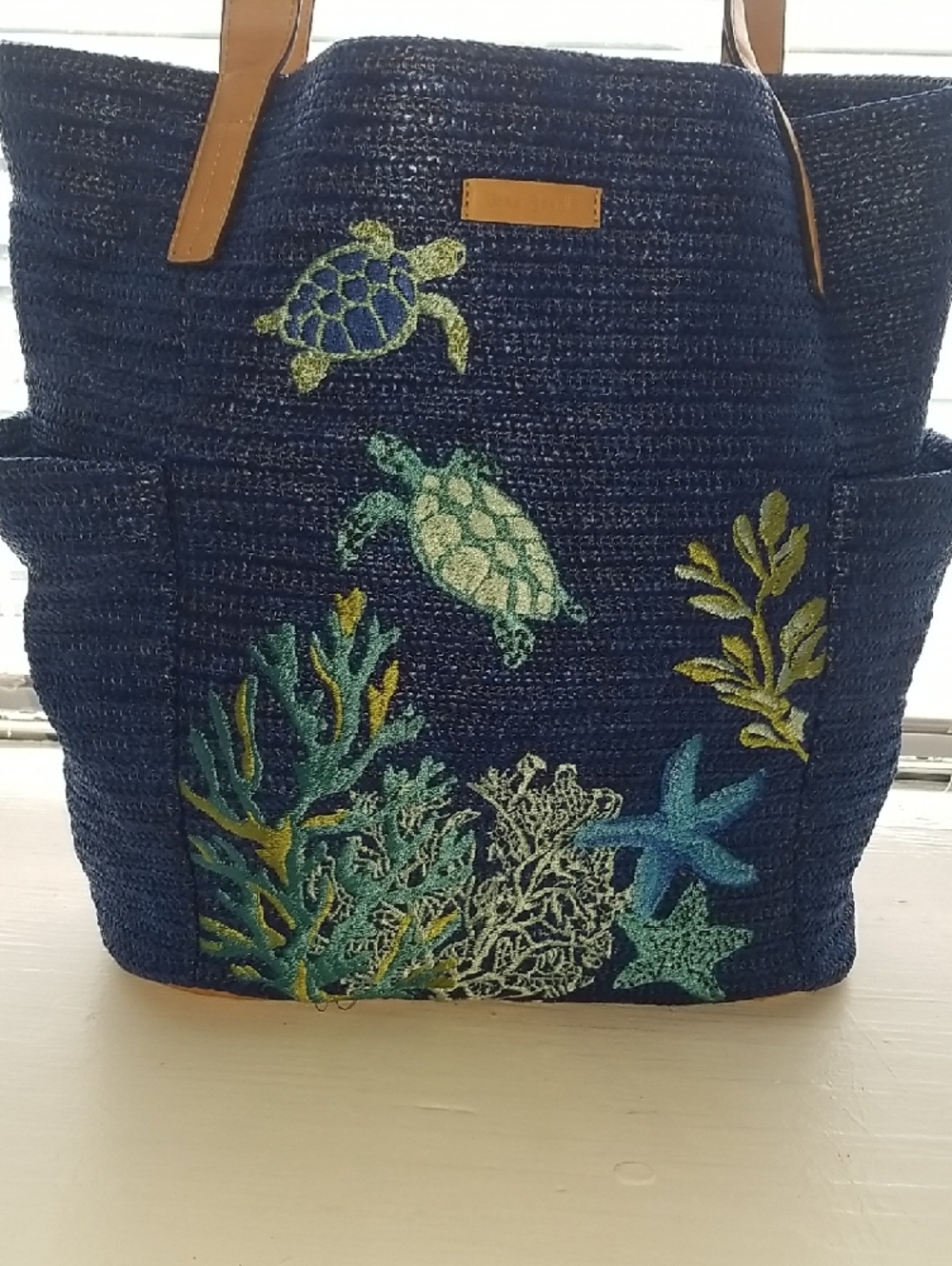 Vera Bradley Navy Blue Embroidered Sea Turtle Tote with Tan Straps - Picture 9 of 9